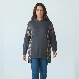 LUCKY & BLESSED - SIZE MEDIUM - NWT - GRAY‎ SWEATSHIRT HOODIE - MIXED FABRIC B19